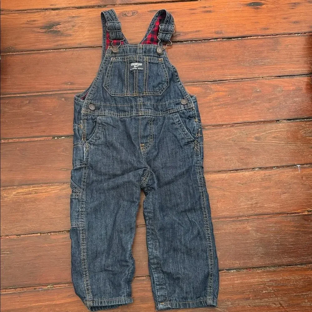 Oshkosh B’gosh Buffalo plaid flannel lined denim jean carpenter overalls sz 24M